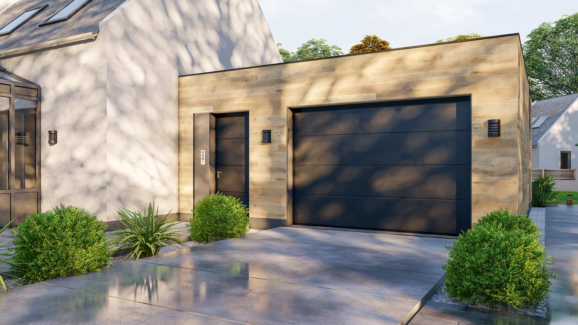 moderne Garagen - abdichten und vor Feuchtigkeit und Schimmel schützen Ansicht moderne Garage in Wohnhaussiedlung