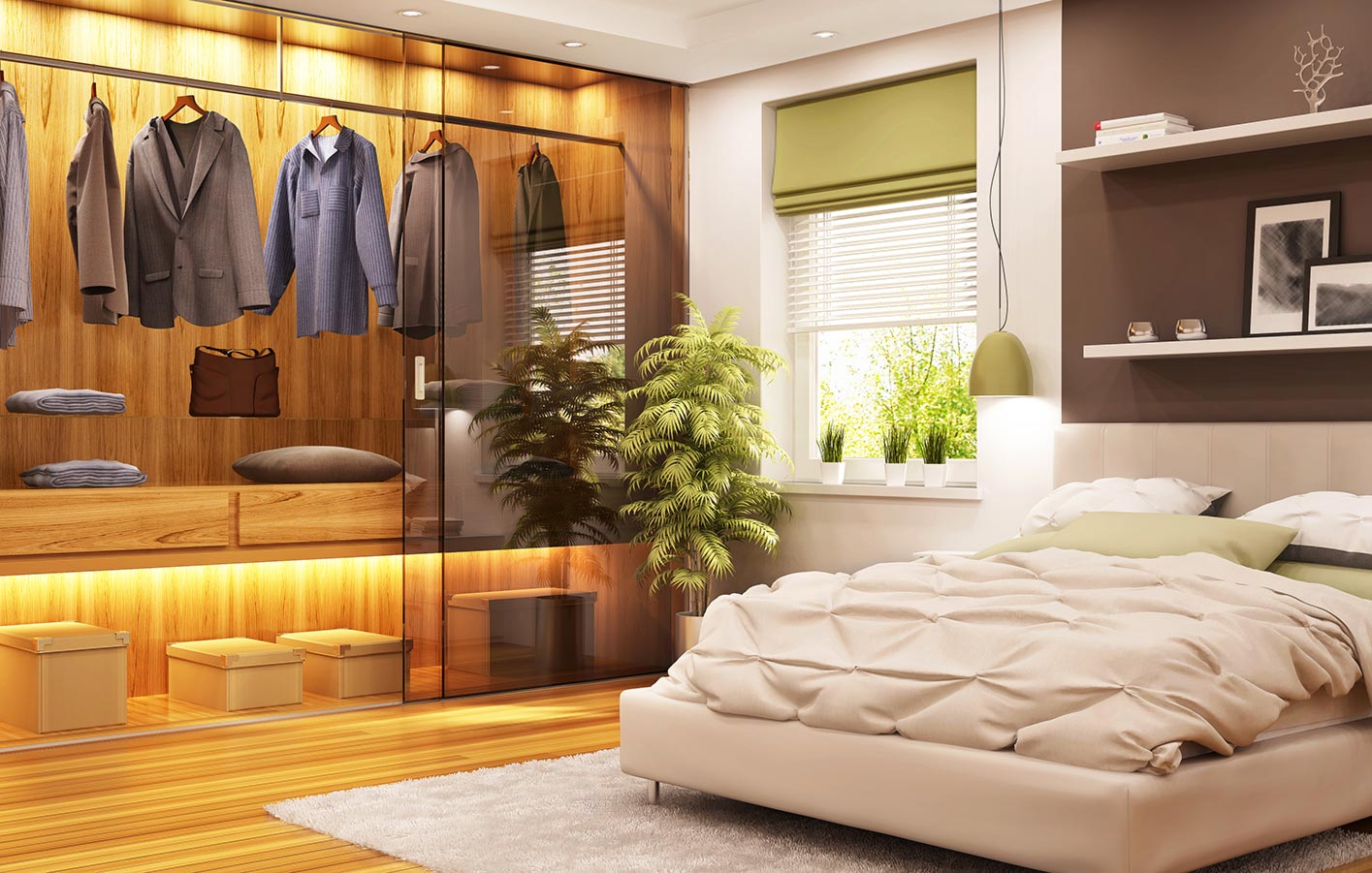 Moderne Glasschiebetüren, Durchblick mit außergewöhnlich individuellem Design Schlafzimmer mit begehbarem Kleiderschrank - Glasschiebetür